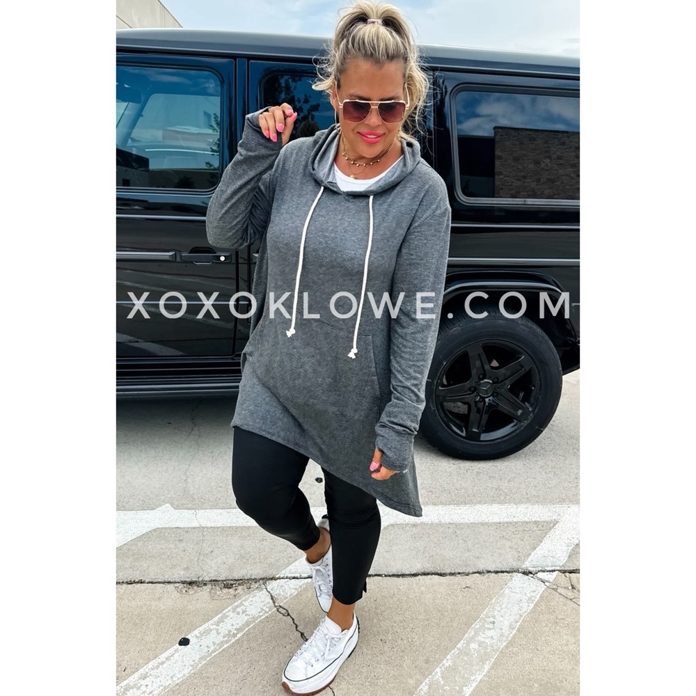 Charcoal French Terry High Low Layer with Thumbholes